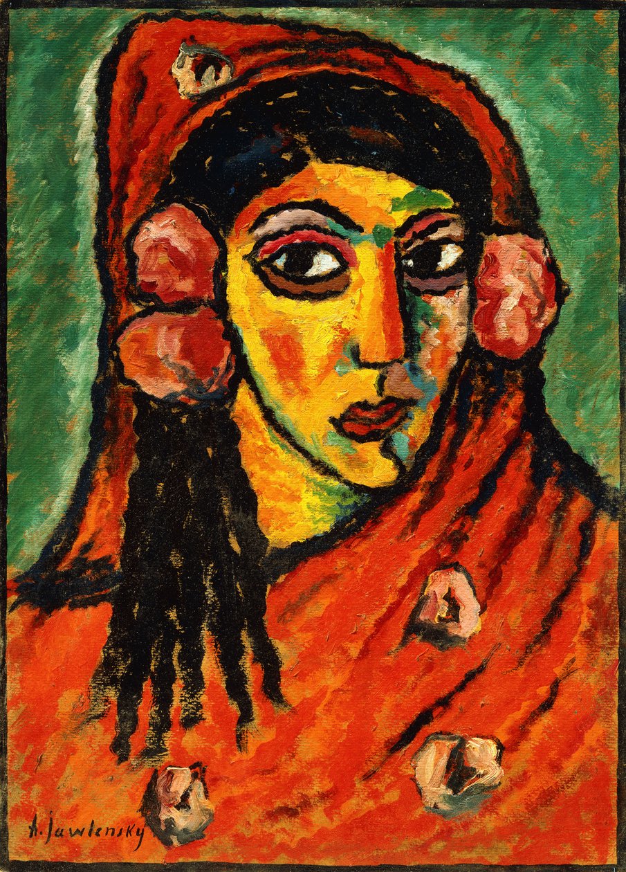 spanyol lány vörös sállal; Spanyol nő vörös kendővel, 1912 körül alkotó: Alexej von Jawlensky