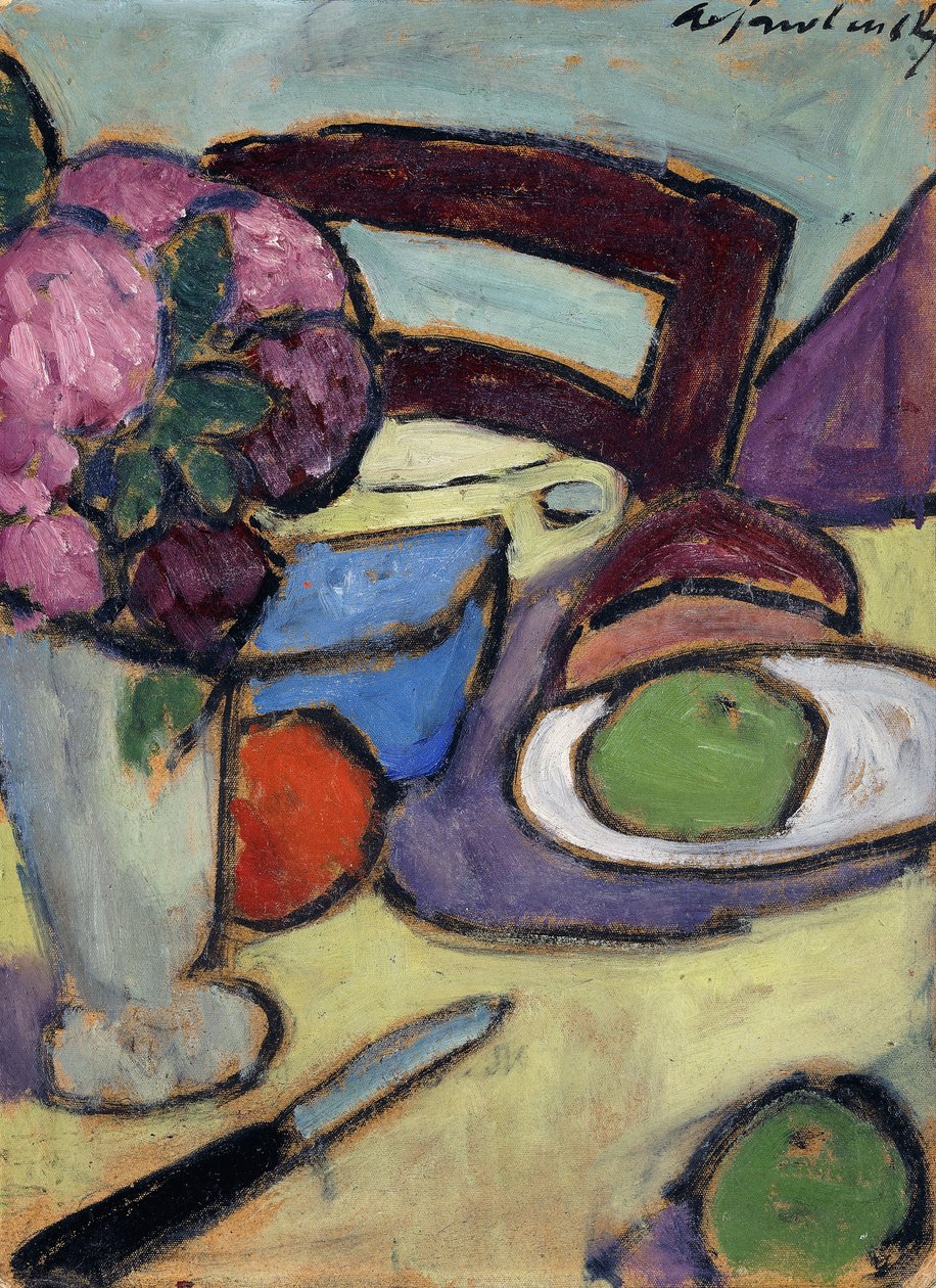 Csendélet székkel és csokorral; Csendélet székkel és virágutcával, 1906 alkotó: Alexej von Jawlensky