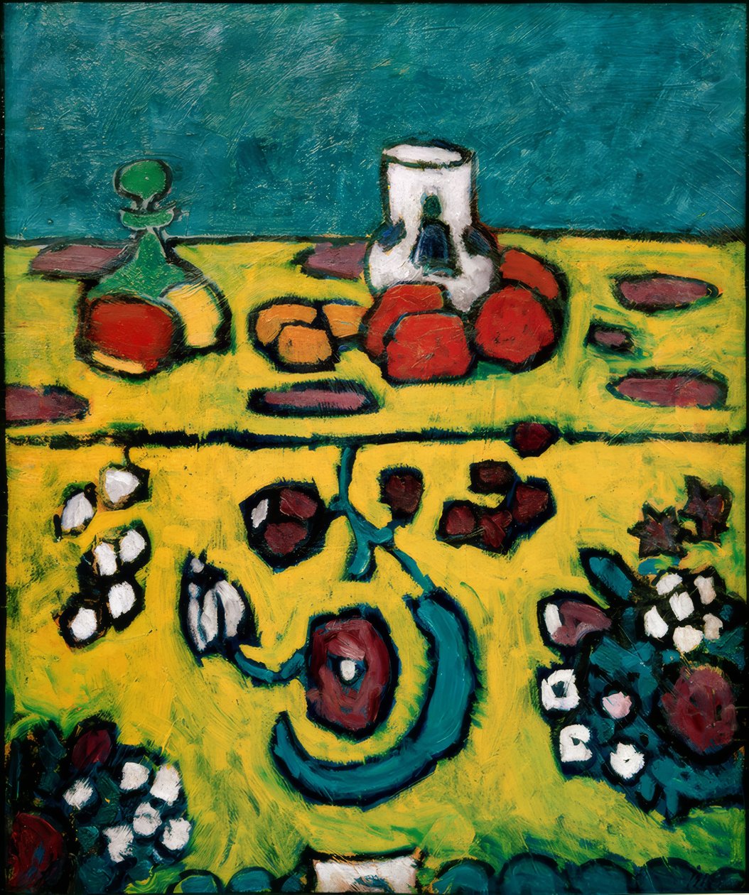 Csendélet színes takaróval alkotó: Alexej von Jawlensky