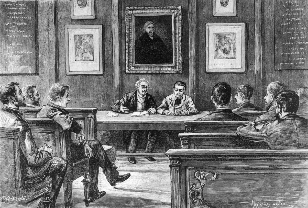 Beszédkiejtési osztály a párizsi Ecole Normale Superieure-ben, Louis Rousselet Nos Grandes Ecoles című művéből, Hachette, Párizs, 1888 (színes fotó). alkotó: Alexis Lemaistre