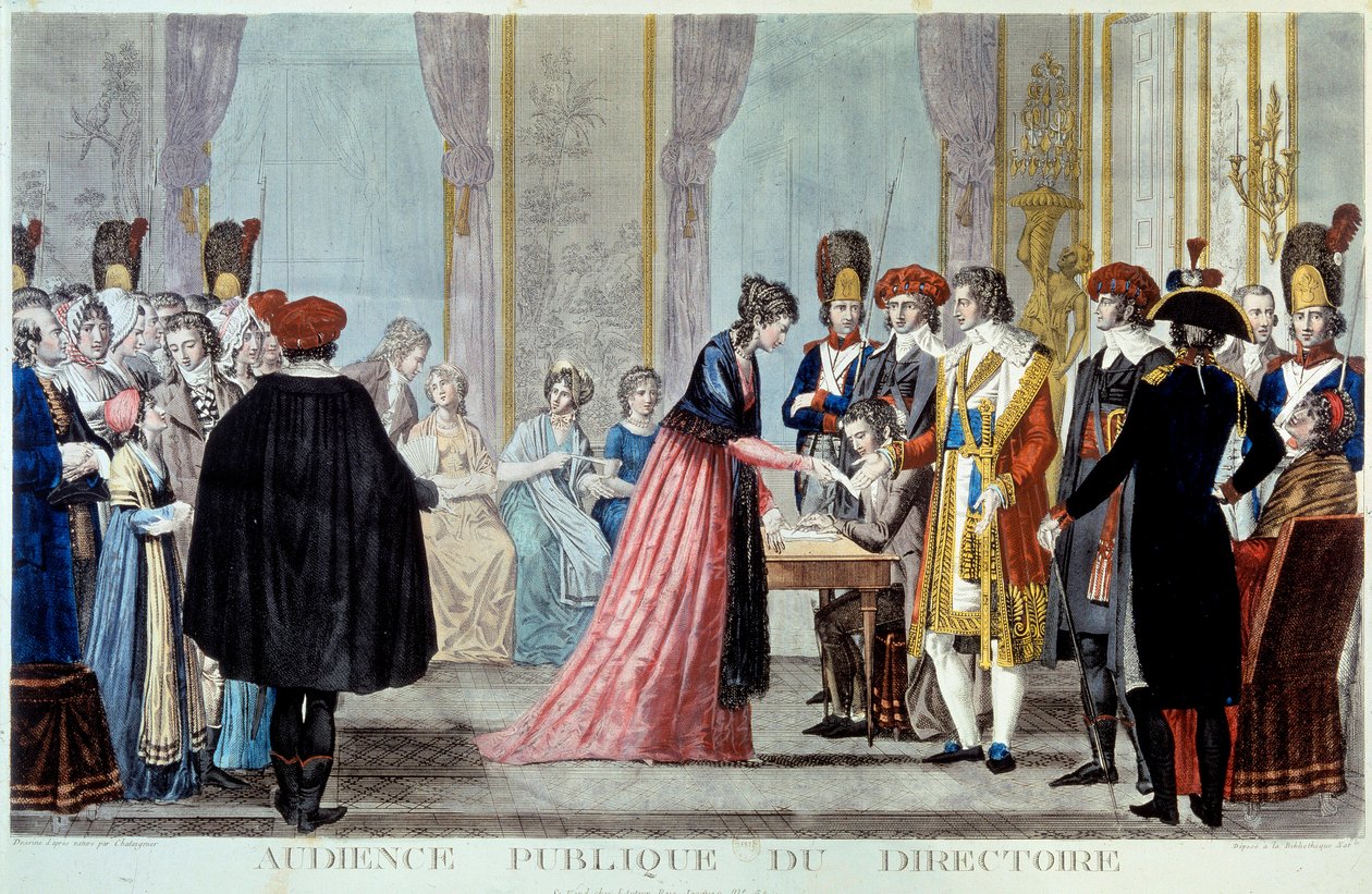 Az Igazgatóság nyilvános meghallgatása (1795-1798) A nyilvánosság az állam képviselője elé terjeszti kérelmét vagy panaszát. Alexis Chataignier (1772-1817) metszete 1795. Paris, B.N. alkotó: Alexis Chataignier