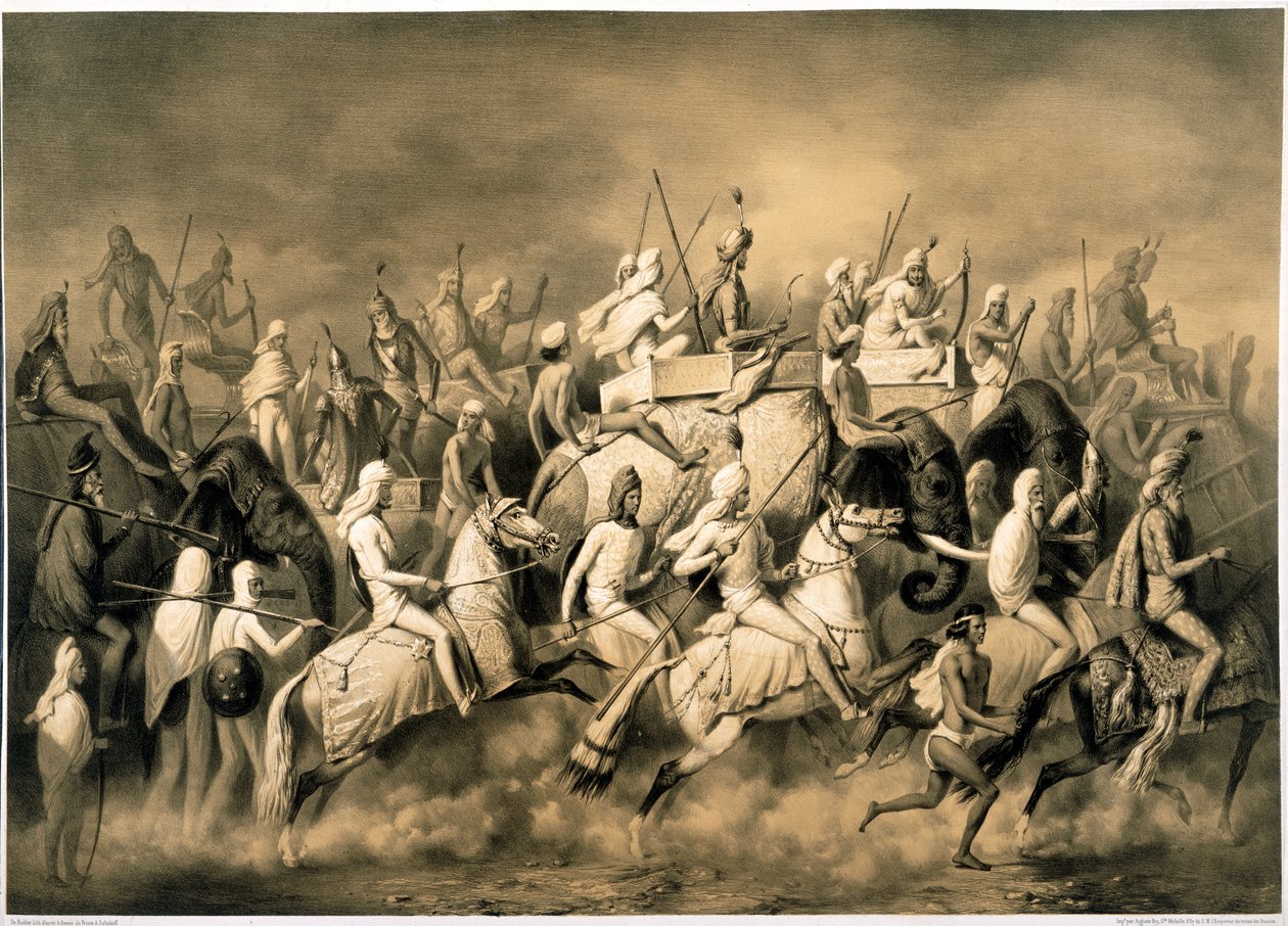 A pandzsábi Sher Singh maharadzsa és kísérete vadászni, illusztráció a „Utazások Indiában az évek során” című filmből alkotó: Alexis Prince Soltykoff