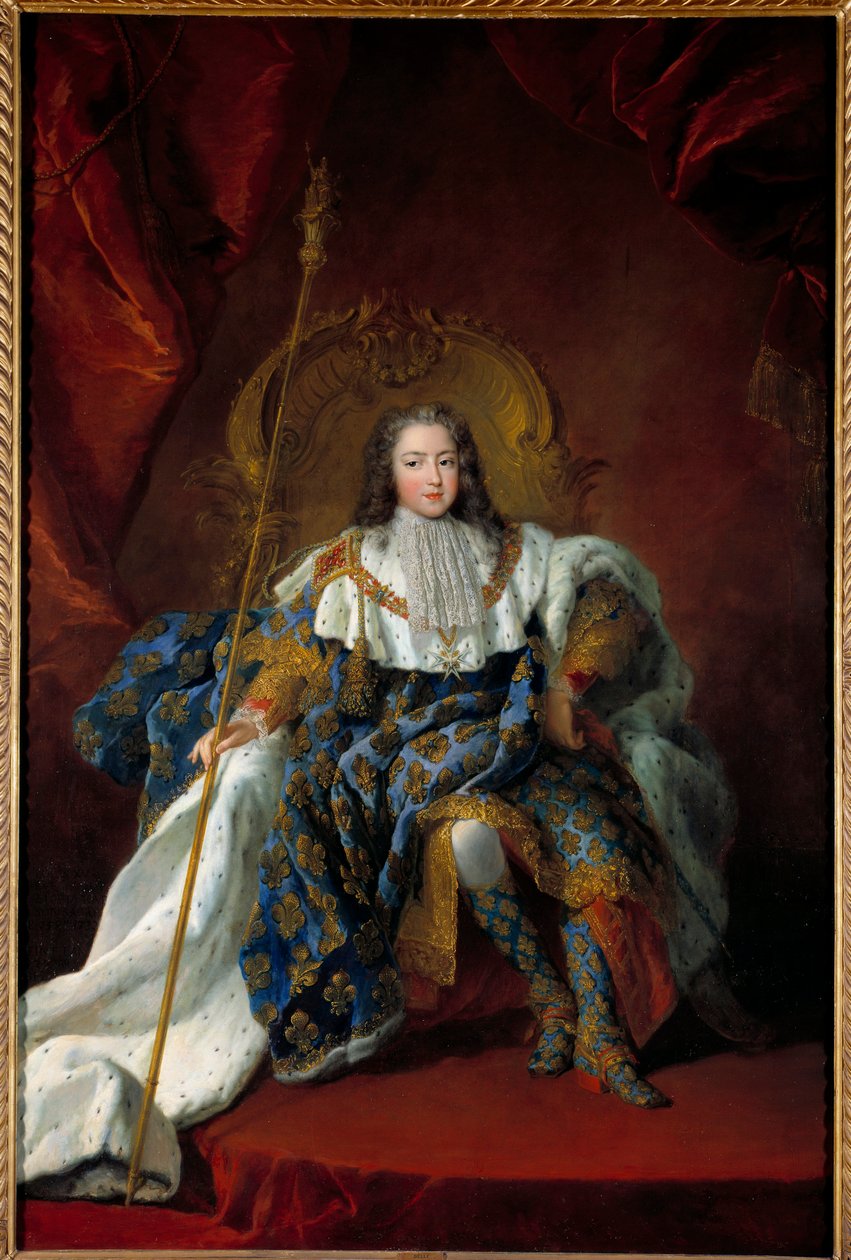XV. Lajos (1710-1774) gyermek portréja a trónján Alexis Simon Belle (1674-1734) szent festményének jelmezében és attribútumaiban 1723 V. 2,26x1,8 m - XV. Lajos (1710-1774) portréja, mint gyermek a trónján koronázási ruhában - Pai alkotó: Alexis Simon Belle