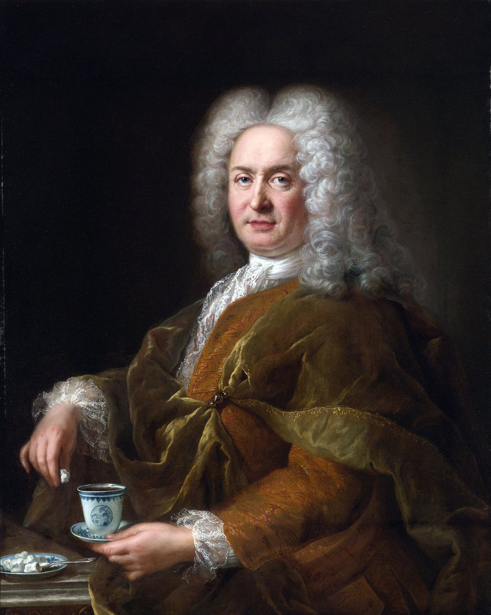 Egy csésze csokoládét tartó úriember portréja – Alexis Simon Belle festménye alkotó: Alexis Simon Belle