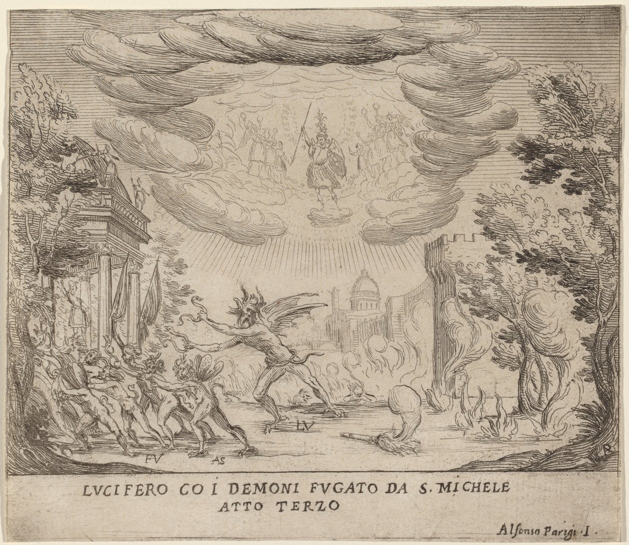 Lucifer és a Szent Mihálytól menekülő démonok alkotó: Alfonso Parigi II