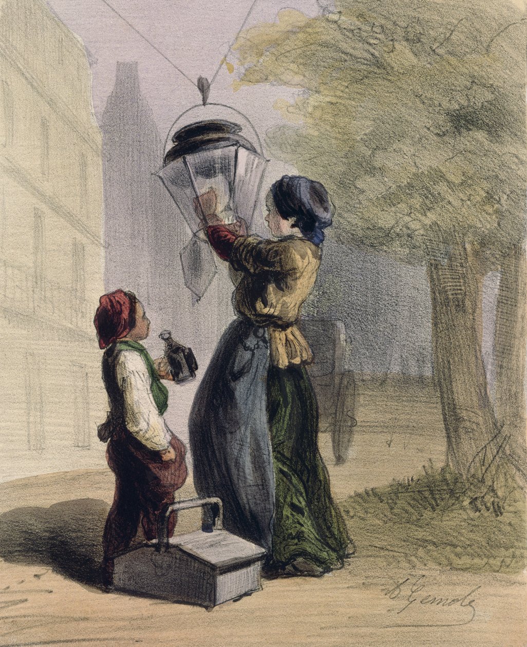 A lámpagyújtó, a Les Femmes de Paris-ból, 1841-42 alkotó: Alfred Andre Geniole