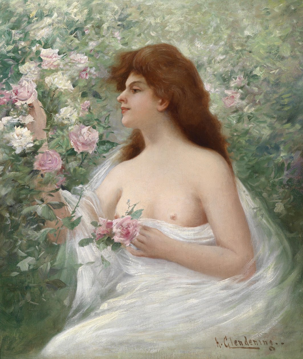 Fiatal nő rózsát szed alkotó: Alfred Augustus Glendening