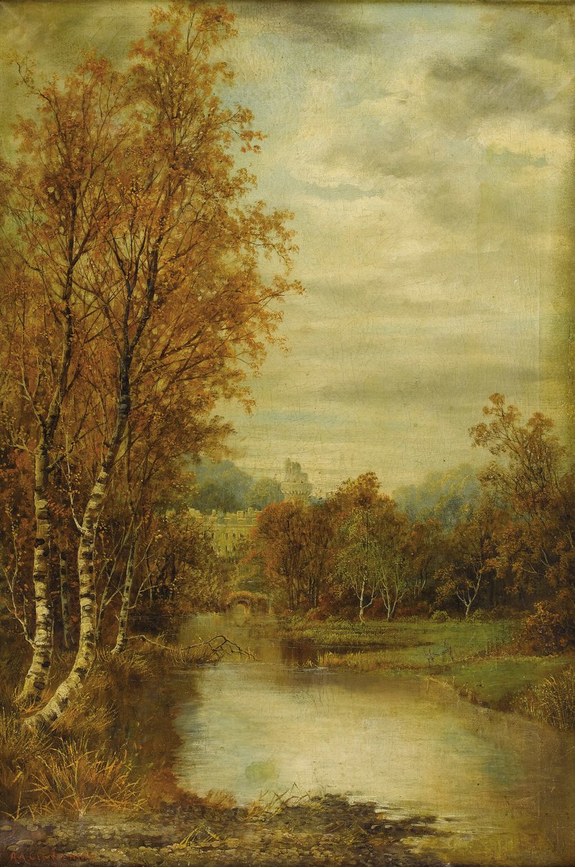Őszi táj tóval és kastélytoronnyal alkotó: Alfred Augustus Glendening