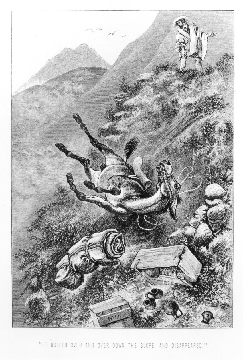 Az ecuadori Quitóba vezető úton megsemmisített régészeti trófeák Edward Whymper "Utazások az Egyenlítő nagy Andjai között" című művéből, 1892. alkotó: Alfred Chantrey Corbould