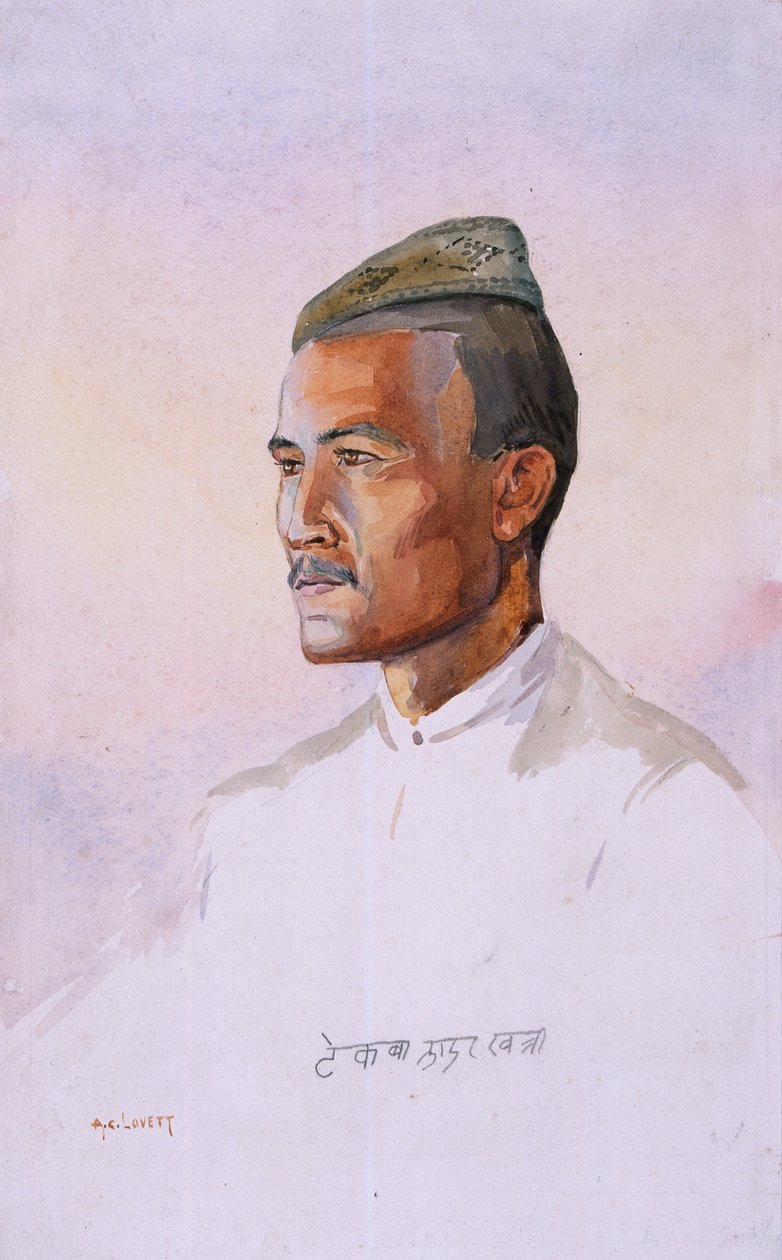 Egy Khas Gurkha, a 9. gurkha puskákból, illusztrációja G. F. őrnagy „Armies of India” című könyvéhez. MacMunn, 1911-ben, 1908-ban jelent meg alkotó: Alfred Crowdy Lovett