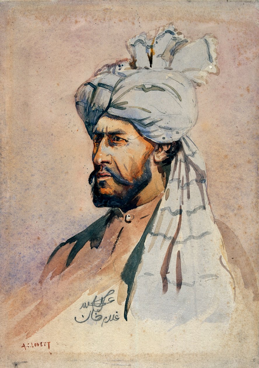 A kurrami milícia katonája, egyenruha nélkül, illusztráció G.F. MacMunn őrnagy "Armies of India" című, 1911-ben kiadott könyvéhez, 1908-ban. alkotó: Alfred Crowdy Lovett