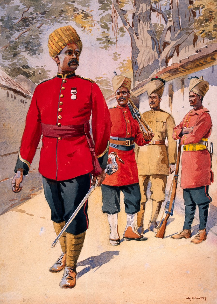 A Mahratta könnyűgyalogság katonája, illusztráció G.F. MacMunn őrnagy "Armies of India" című, 1911-ben kiadott könyvéhez, 1908-ban. alkotó: Alfred Crowdy Lovett