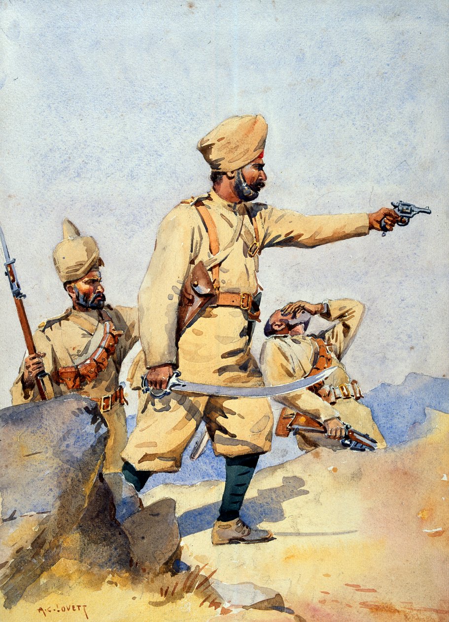 A 24. pandzsábi katonái Malik Din Khel (Afridi) és Subadar, Jay Sikh, illusztrációja G. F. őrnagy az „India hadseregeihez” MacMunn, 1911-ben, 1908-ban jelent meg alkotó: Alfred Crowdy Lovett