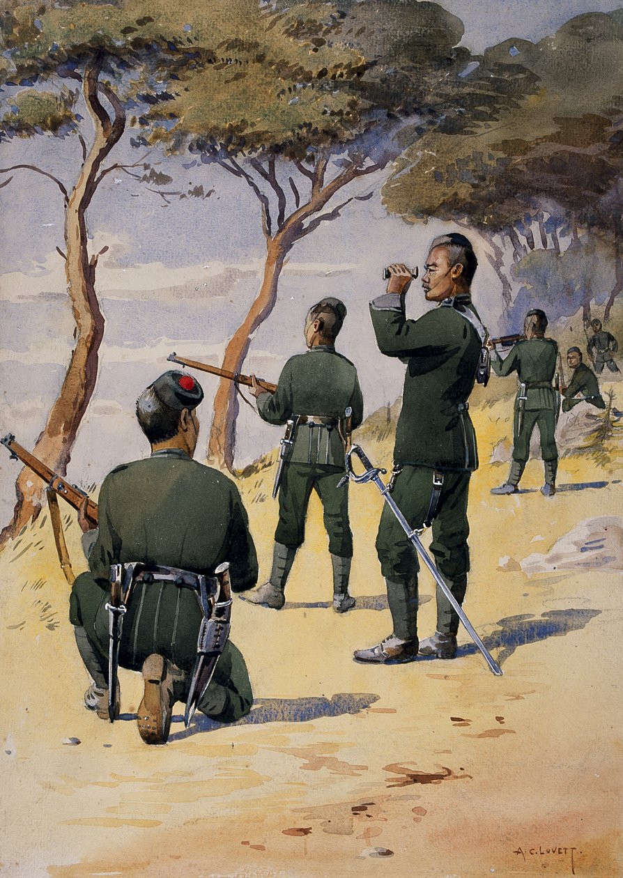 A 6. gurkha puskák katonái, illusztrációja G. F. őrnagy „Armies of India”-hoz. MacMunn, 1911-ben, 1908-ban jelent meg alkotó: Alfred Crowdy Lovett