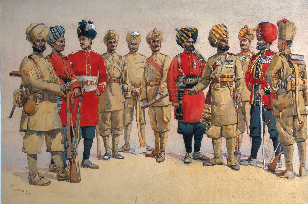 Az Úttörőezredek katonái, illusztrációja G.F. őrnagytól: „India hadseregei” MacMunn, 1911-ben, 1908-ban jelent meg alkotó: Alfred Crowdy Lovett