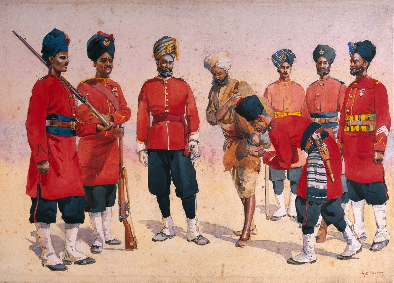 A rádzsputezred katonái, illusztrációja G. F. őrnagy az „India hadseregeihez” MacMunn, 1911-ben, 1908-ban jelent meg alkotó: Alfred Crowdy Lovett