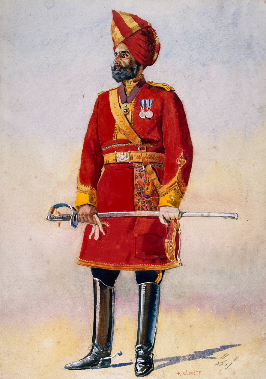 A Bharatpur gyalogság parancsnoka, illusztráció G.F. MacMunn őrnagy "Armies of India" című, 1911-ben kiadott könyvéhez, 1908-ban. alkotó: Alfred Crowdy Lovett