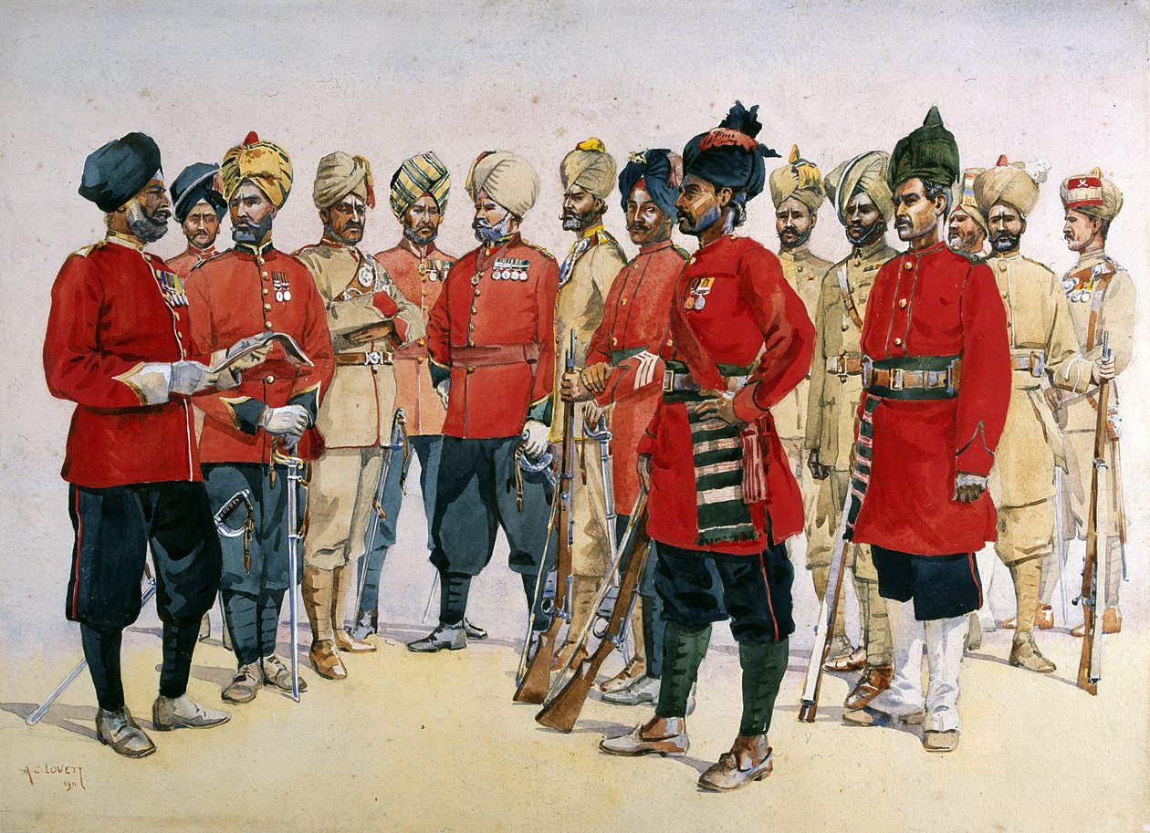 Különböző pandzsábi ezredek altisztjei, altisztjei és sepoys, illusztráció G.F. MacMunn őrnagy 1911-ben kiadott "Armies of India" című könyvéhez. alkotó: Alfred Crowdy Lovett