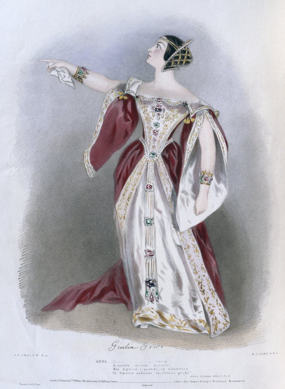 Giulia Grisi (1811-69) mint Anna az "Anna Bolena"-ban, az "Emlékek az olasz operáról" című műből, Richard James Lane (1800-72) metszete 1836. alkotó: Alfred Edward Chalon