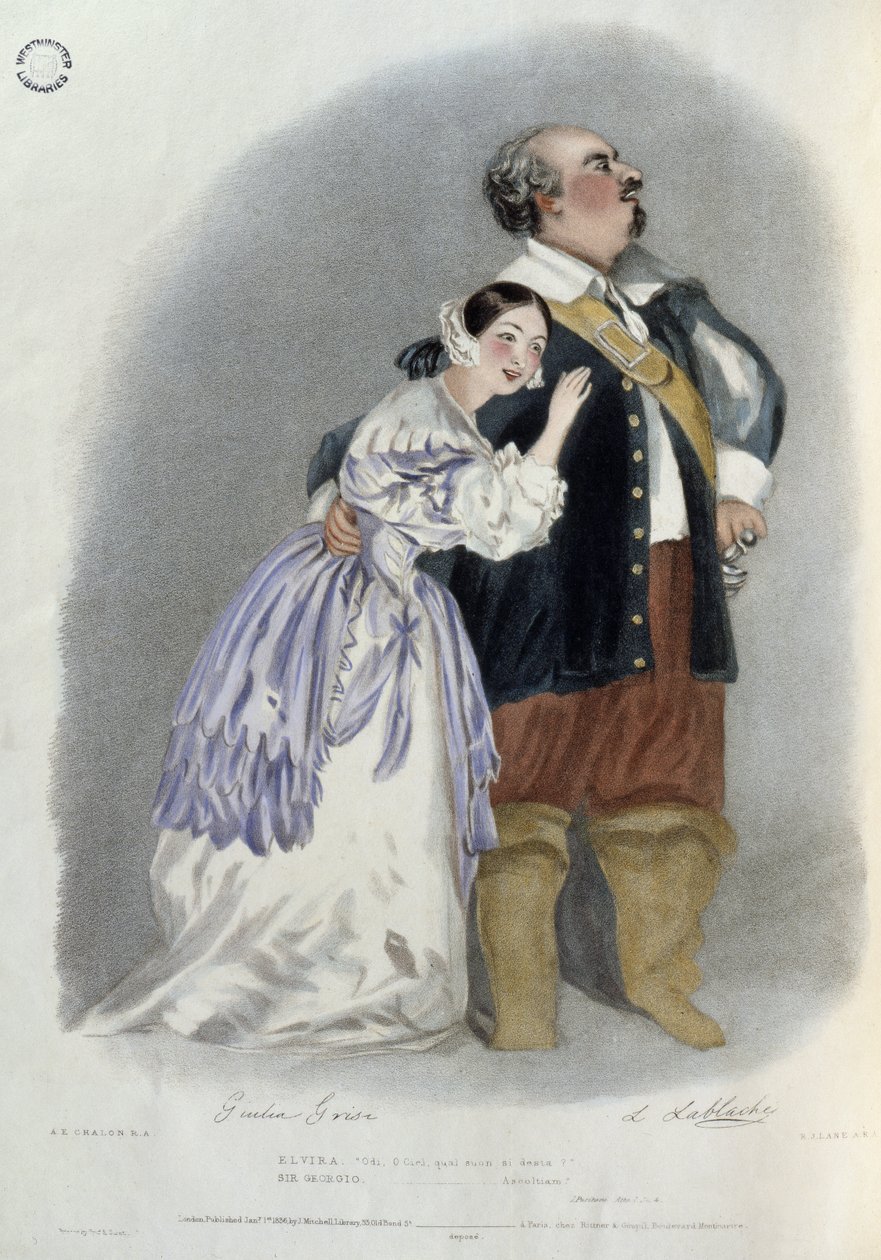 Giulia Grisi (1811-69) mint Elvira és Luigi Lablache (1794-1858) mint Sir George Walton az "I Puritani"-ban, a "Recollections of the Italian Opera"-ból, Richard James Lane (1800-72) metszete 1836 (színes l alkotó: Alfred Edward Chalon