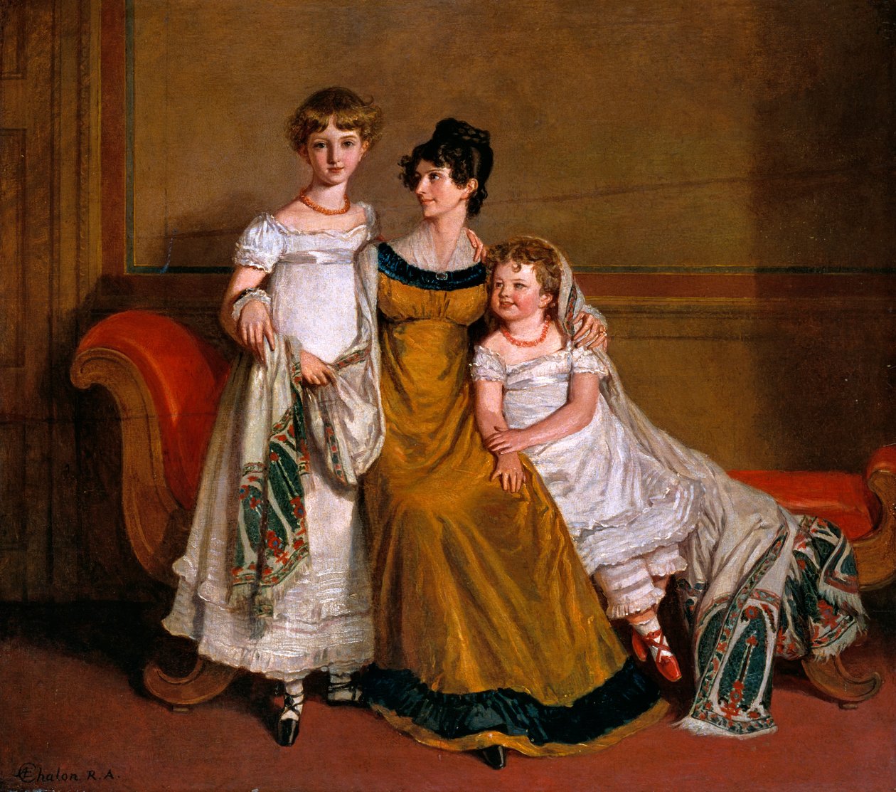 Kétgyermekes nő portréja egy otthoni enteriőrben, 1815 körül alkotó: Alfred Edward Chalon