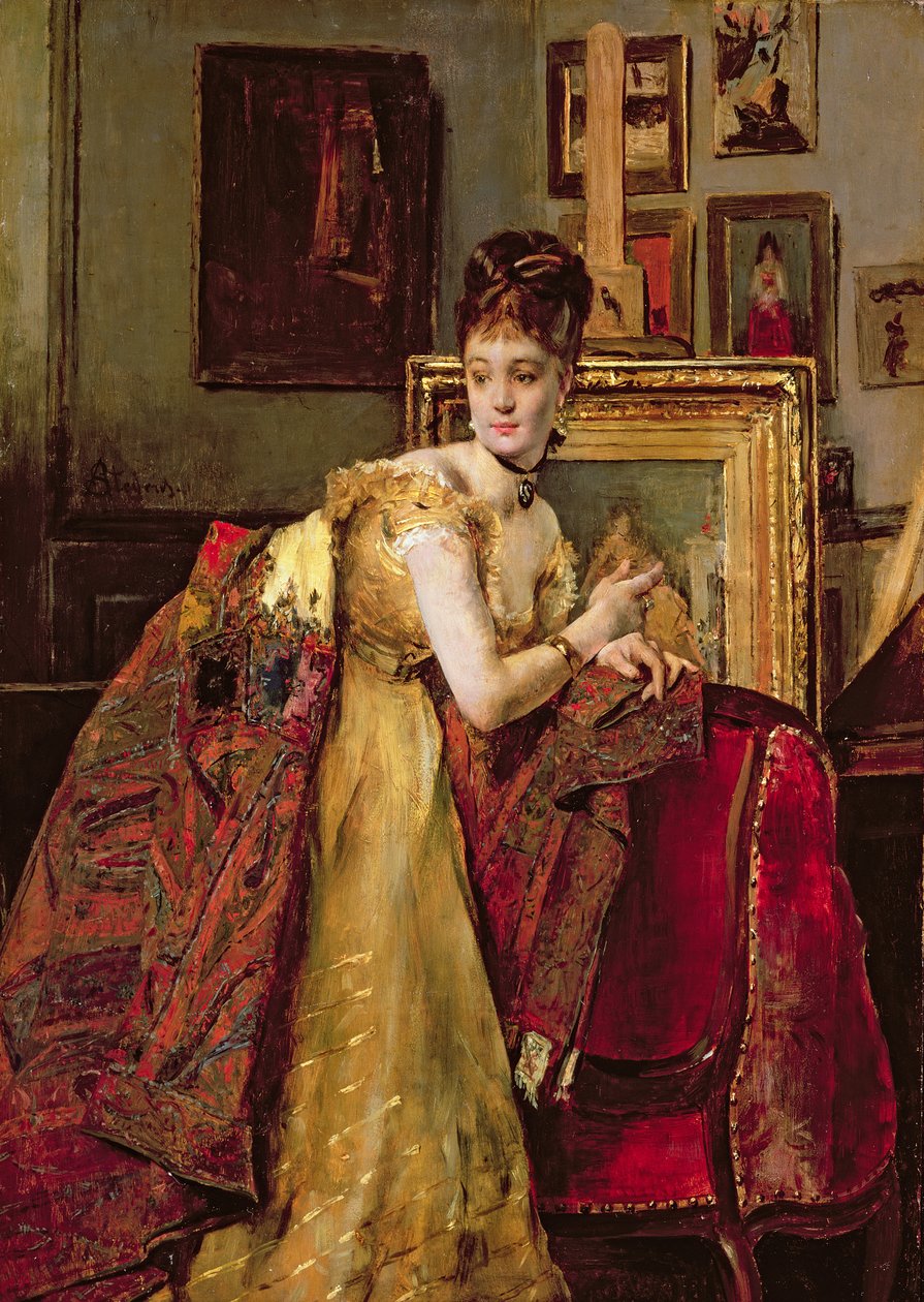 Nő indiai kendővel egy stúdióban alkotó: Alfred Emile Stevens