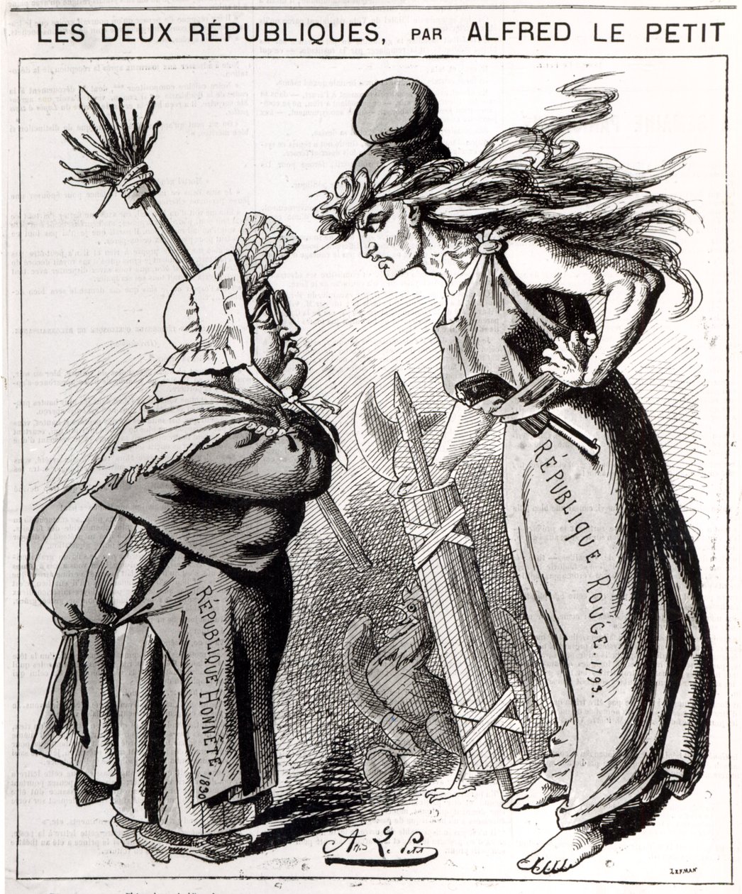 Karikatúra, amely a Szociális Francia Köztársaságot ábrázolja a Konzervatív Francia Köztársaság ellen a „Le Grelot”-ból, 1872 alkotó: Alfred Le Petit