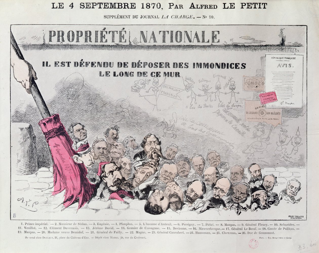 „Ne tegyél szemetet erre a falra”, karikatúra a Második Birodalom politikusairól, a „La Charge”-ból, 1870. szeptember 4. alkotó: Alfred Le Petit