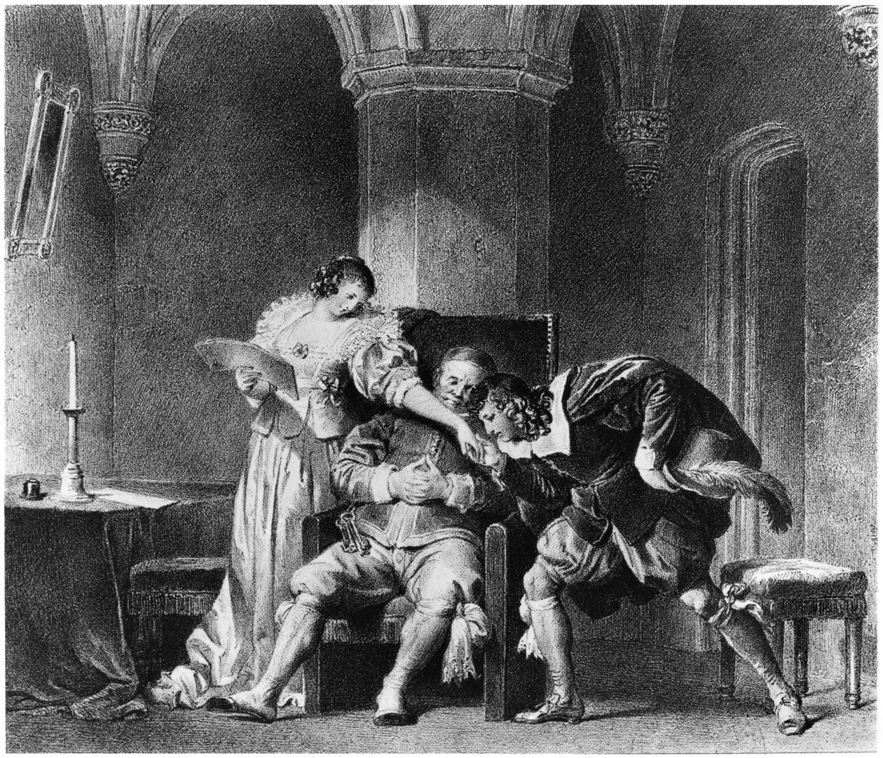 Rosine, Bartholo, Almaviva gróf, illusztráció Pierre Augustin Caron de Beaumarchais (1732-99) „A sevillai borbély” című művéből alkotó: Alfred Leon Lemercier