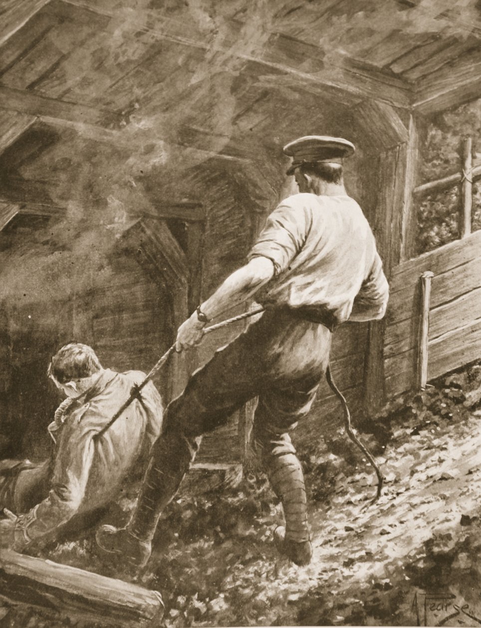 Clapson őrvezető kihúz egy elgázosított tisztet egy aknából. alkotó: Alfred Pearse