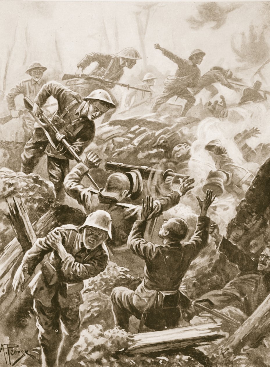 R. Downie őrmester megtámad és megöl egy lövészcsapatot, és elfogja a löveget. alkotó: Alfred Pearse