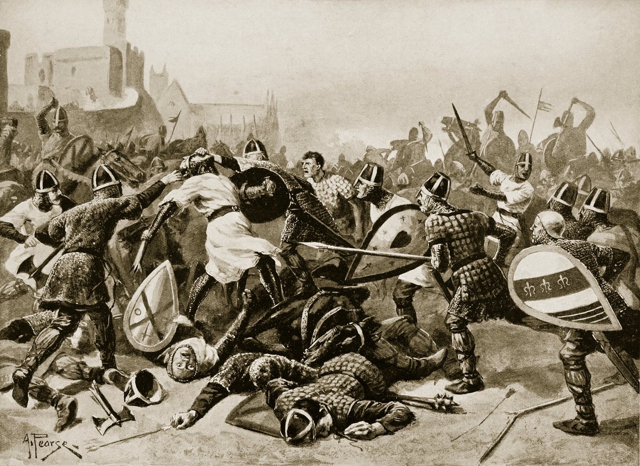 Stephen az 1141-es lincolni csatában fogságba esett, illusztráció a „Hutchinson története a brit nemzetről”, 1923 körül alkotó: Alfred Pearse