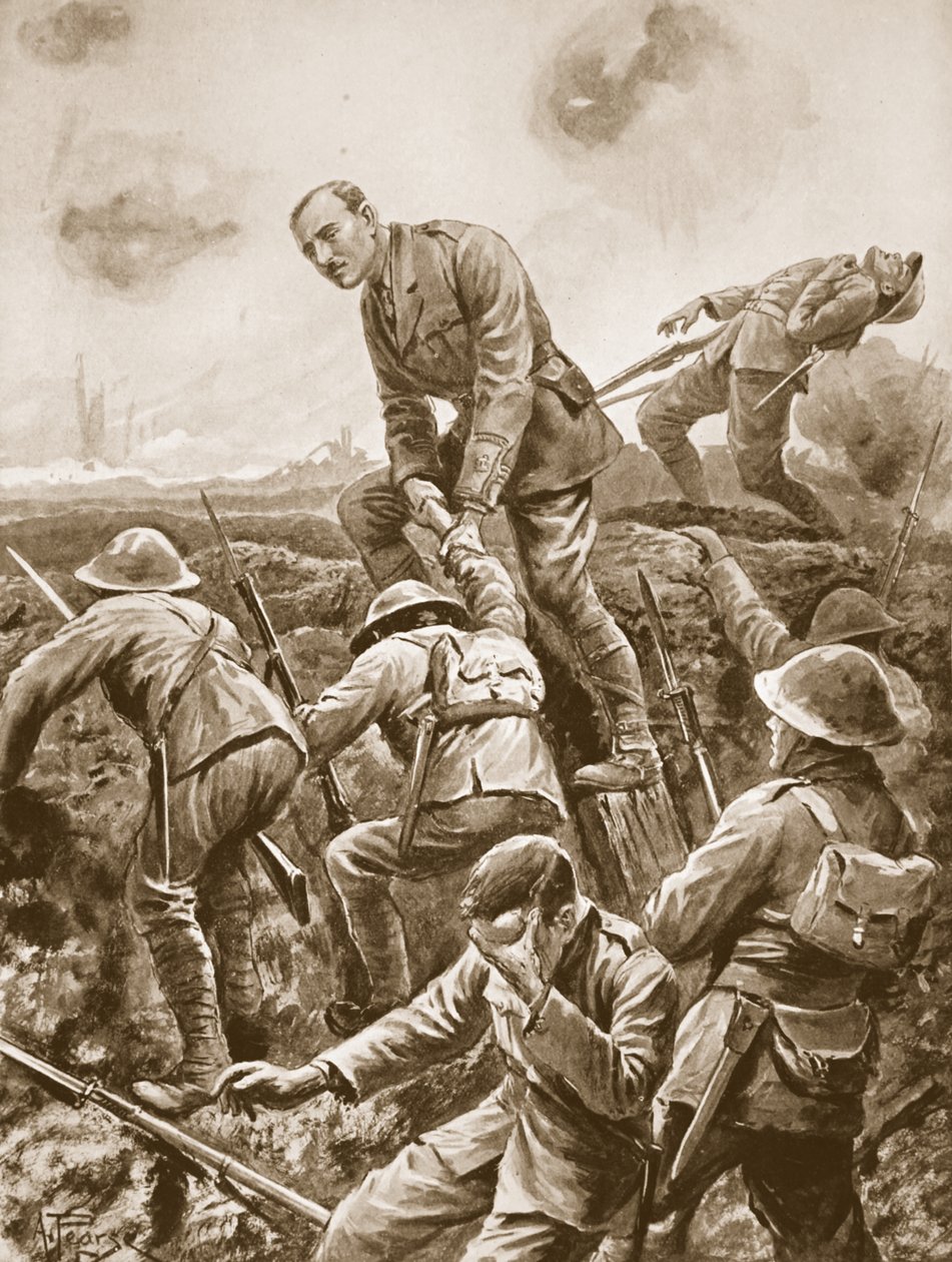 ideiglenes őrnagy S.W. Loudoun-Shand átsegíti az embereket a mellvéden, miközben nagyon heves géppuskatűznek volt kitéve alkotó: Alfred Pearse
