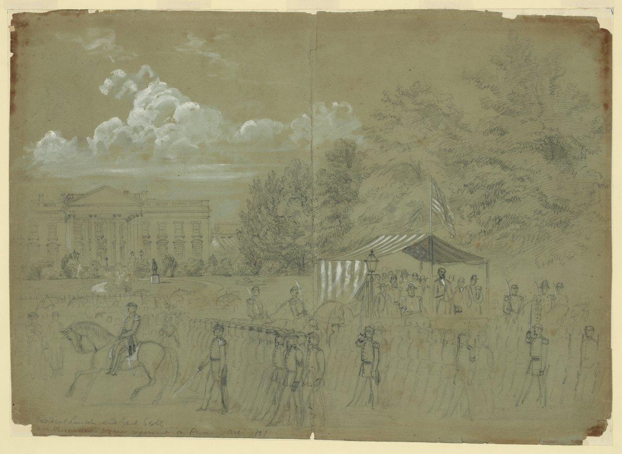 Lincoln elnök és Genl. Scott Review 3 years regiment on Penn Ave. 1861 alkotó: Alfred Rudolph Waud