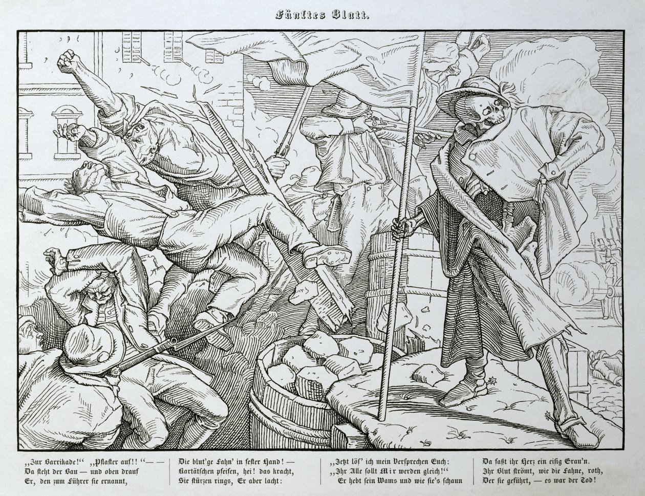 Halál a barikádon, Georg Wigand Lipcsében, 1849-ben kiadott „Another Dance of Death” című művéből alkotó: Alfred Rethel