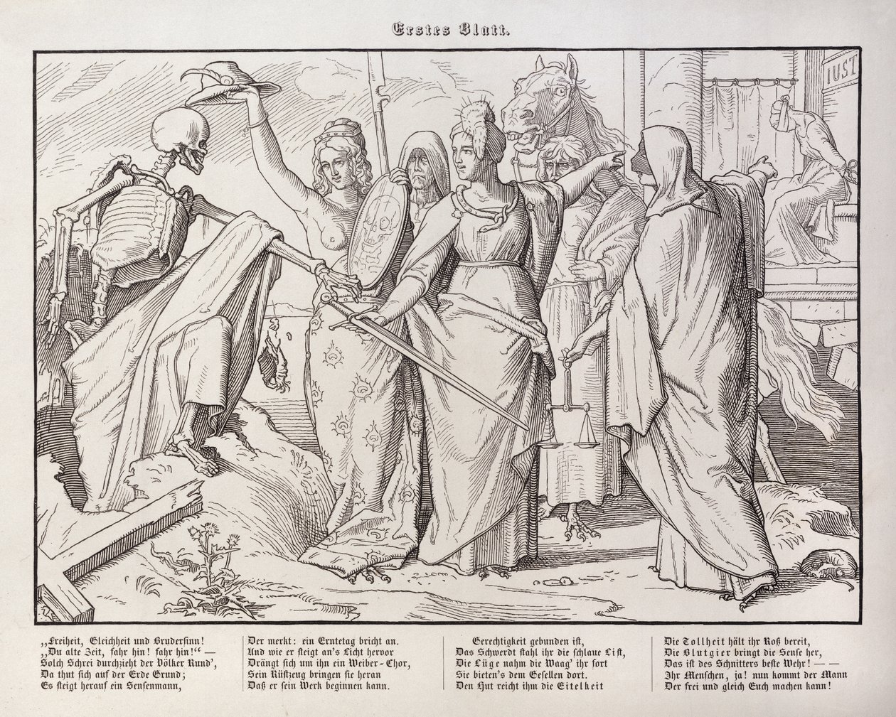 Első oldal a Georg Wigand által Lipcsében, 1849-ben kiadott "Egy másik haláltánc" című kötetből. alkotó: Alfred Rethel