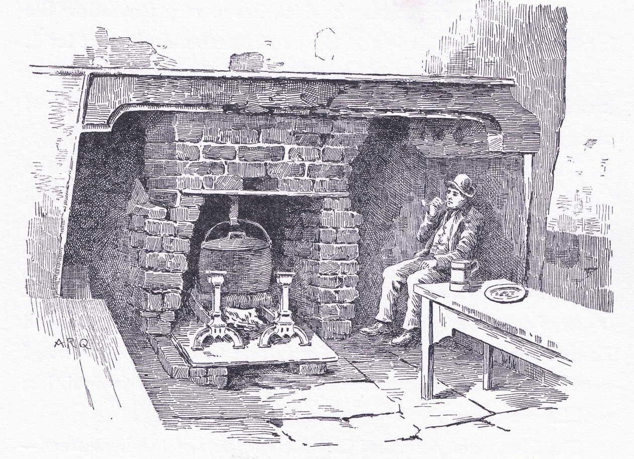Kandalló egy surrey-i fogadóban, a The Cottages and the Village Life of Rural Englandből, a Dent & Sons Limited kiadása, 1912 alkotó: Alfred Robert Quinton