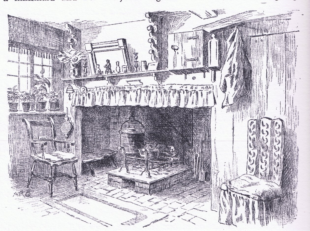 Egy Surrey-i nyaraló belseje, a The Cottages and the Village Life of Rural Englandből, a Dent & Sons Limited kiadása, 1912 alkotó: Alfred Robert Quinton