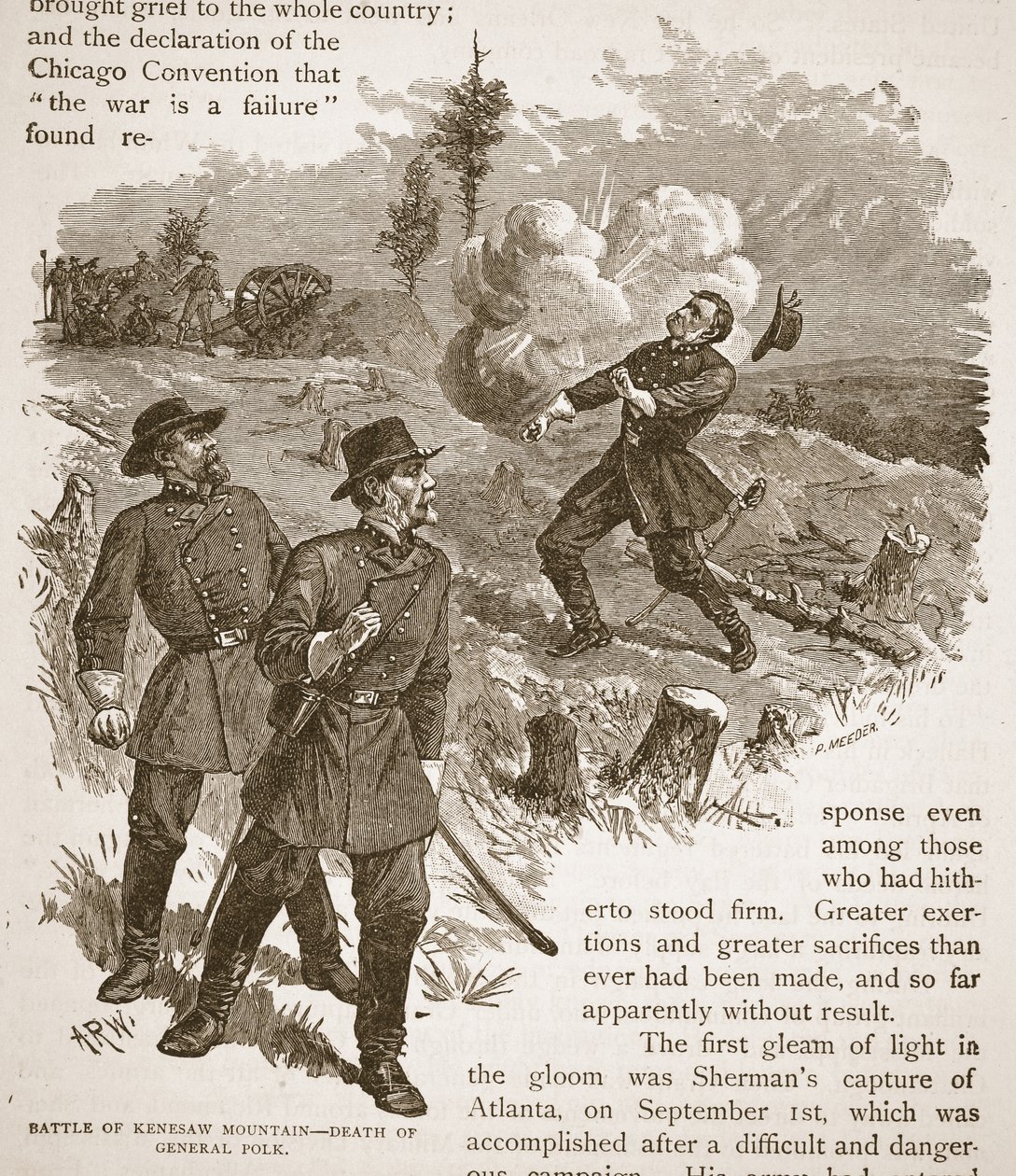 Kenesaw-hegyi csata – Polk tábornok halála, egy könyvkocsmából. 1896 alkotó: Alfred Rudolph Waud