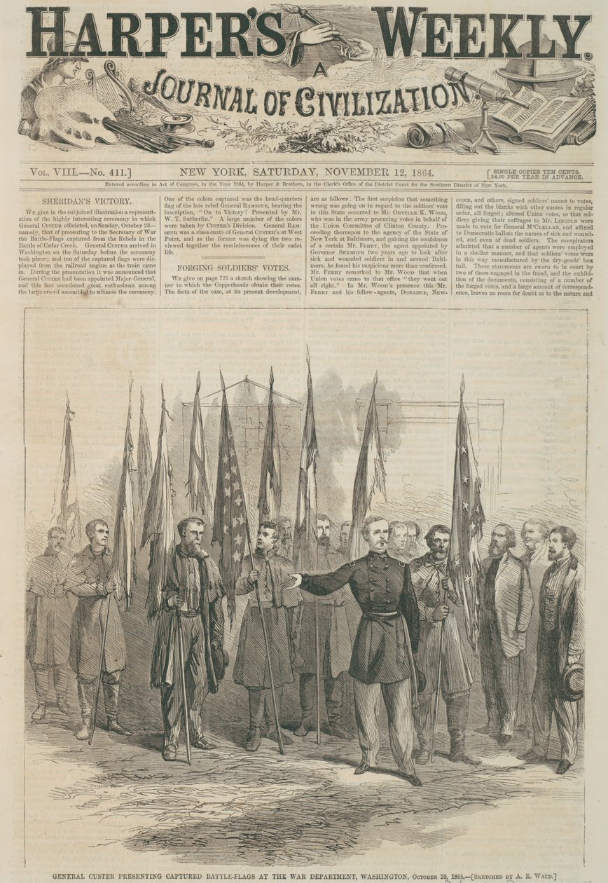 Custer tábornok elfogott harci zászlókat mutat be a washingtoni hadügyminisztériumban, a „Harper