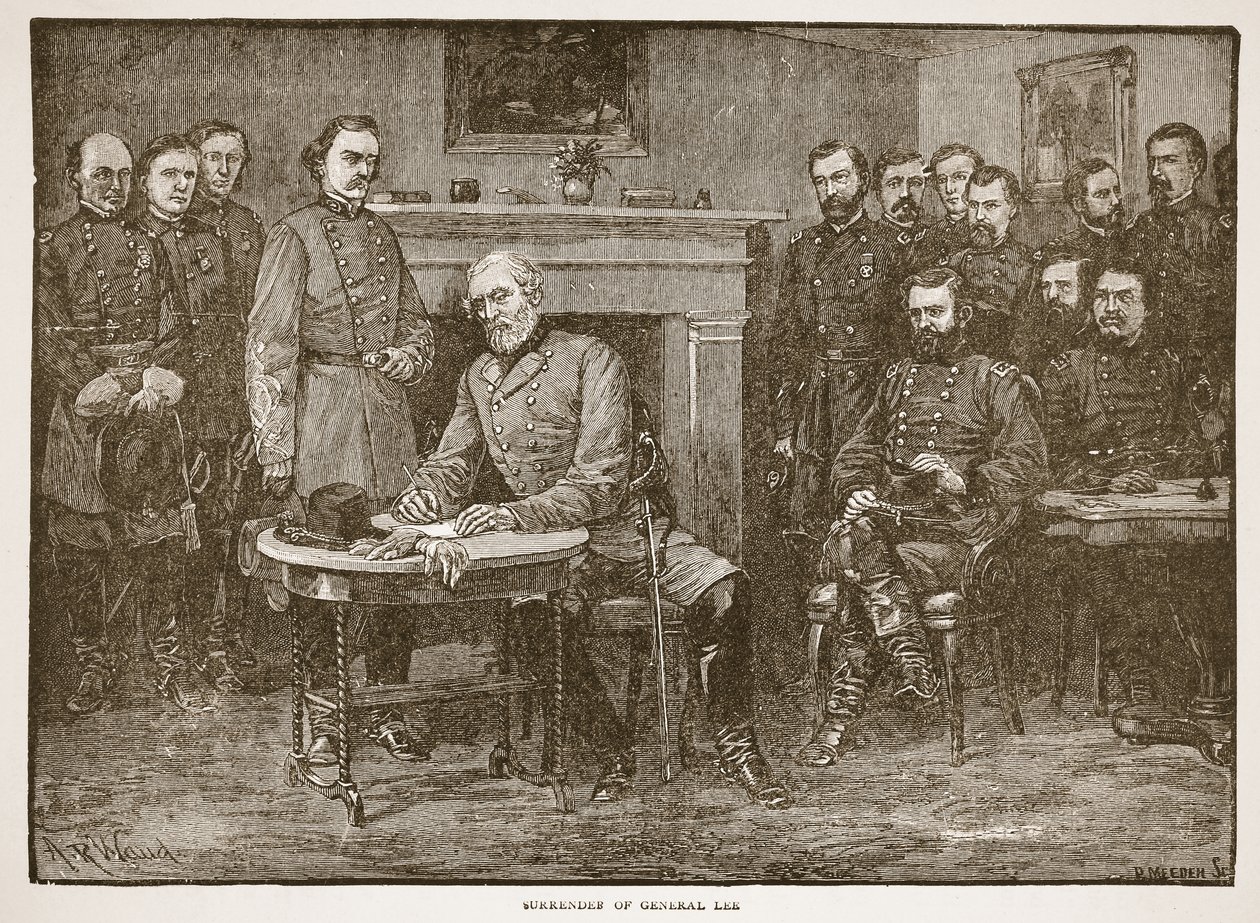 Lee tábornok megadása, egy könyveskocsmából. 1896 alkotó: Alfred Rudolph Waud