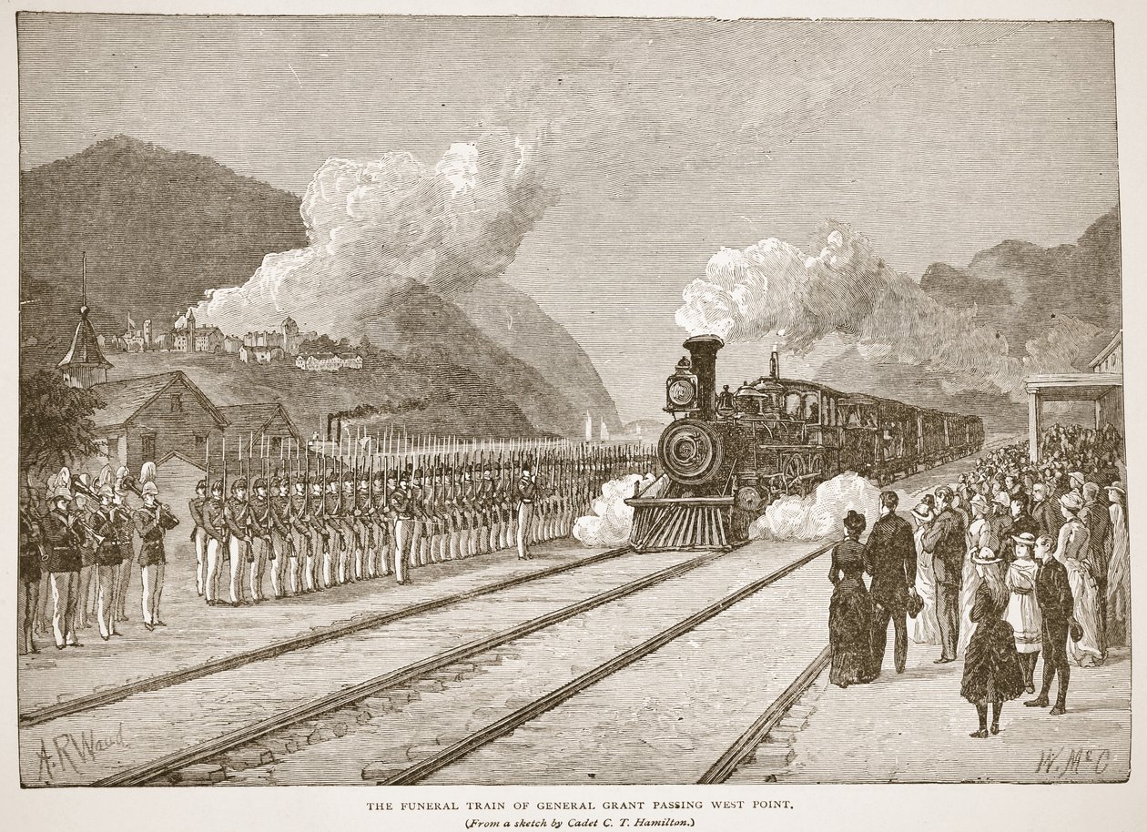 Grant tábornok temetési vonata elhaladva West Pointon, egy könyveskocsmából. 1896 alkotó: Alfred Rudolph Waud
