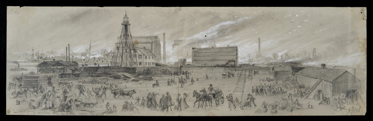 Kilátás a Michigan-tóról a Chicago folyó mellett az 1871-es chicagói tűzvész idején (ceruza és kréta, papír) alkotó: Alfred Rudolph Waud