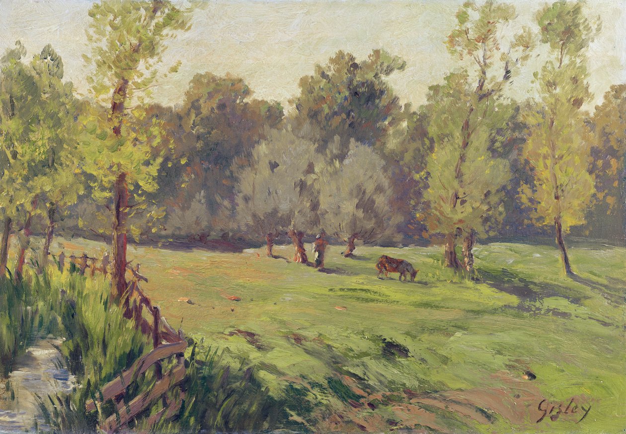 Legelő patakkal és kerítéssel, 1868 körül alkotó: Alfred Sisley