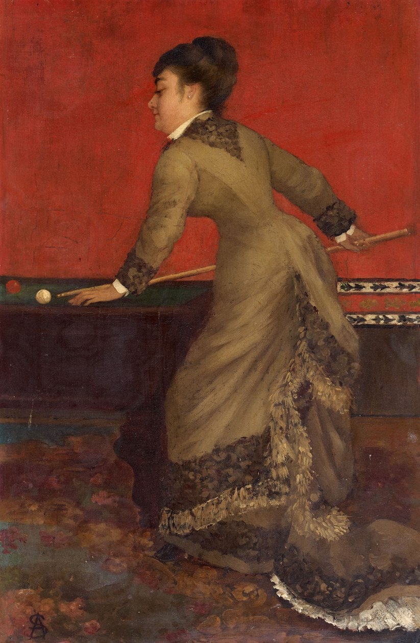 Elegáns a biliárdban. Egy viktoriánus arisztokrata nő karambol biliárddal játszik. alkotó: Alfred Emile Stevens