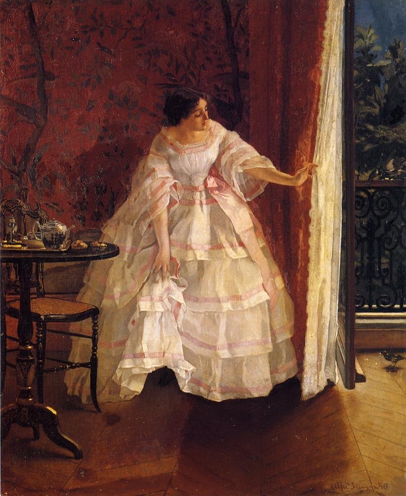 Hölgy egy ablaknál madarakat etet alkotó: Alfred Emile Stevens