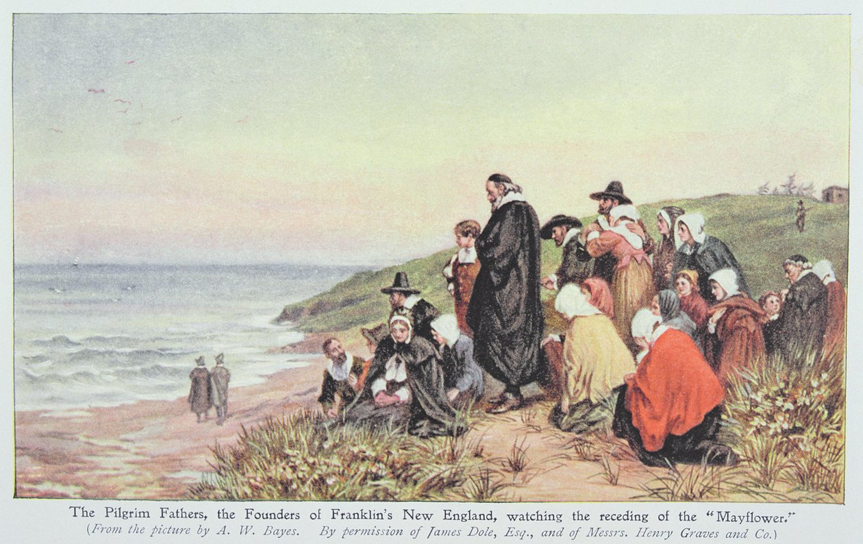 A zarándokatyák, a Franklin-féle Új-Anglia alapítói a „Mayflower” távolodását nézik, illusztráció a „Nagy férfiak élete, amelyet nagy emberek meséltek” című könyvéből, szerkesztette Richard Wilson, 1920-as évek (kár) alkotó: Alfred Walter Bayes