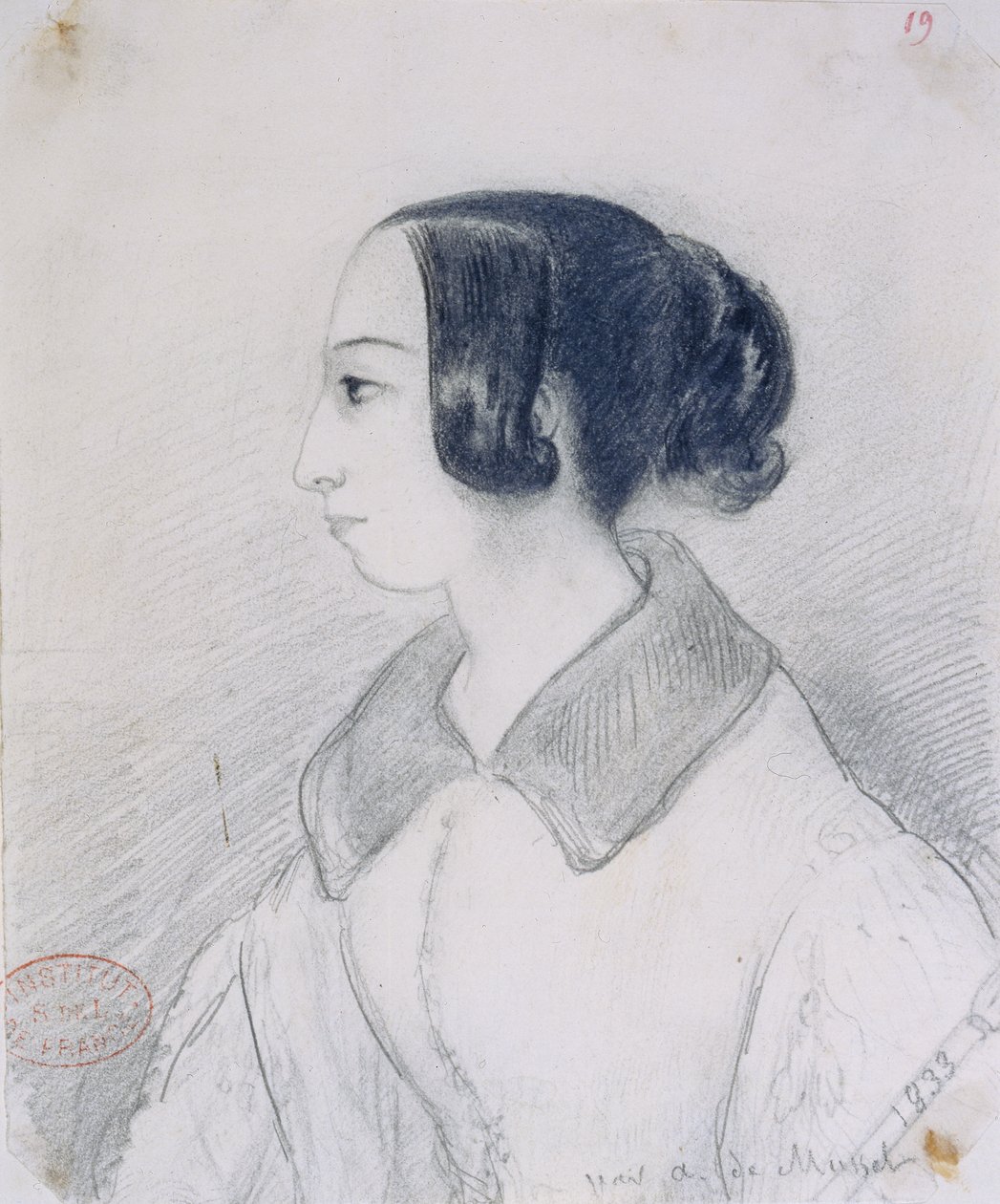 George Sand (1804-76) profilban, 1833 alkotó: Alfred de Musset