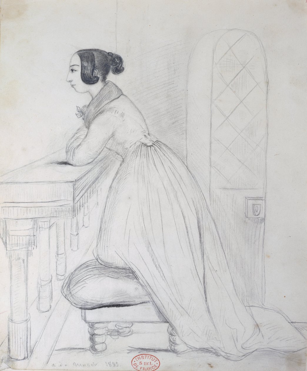 George Sand (1804-76) puffon térdelve, könyökével a korláton, 1833 alkotó: Alfred de Musset