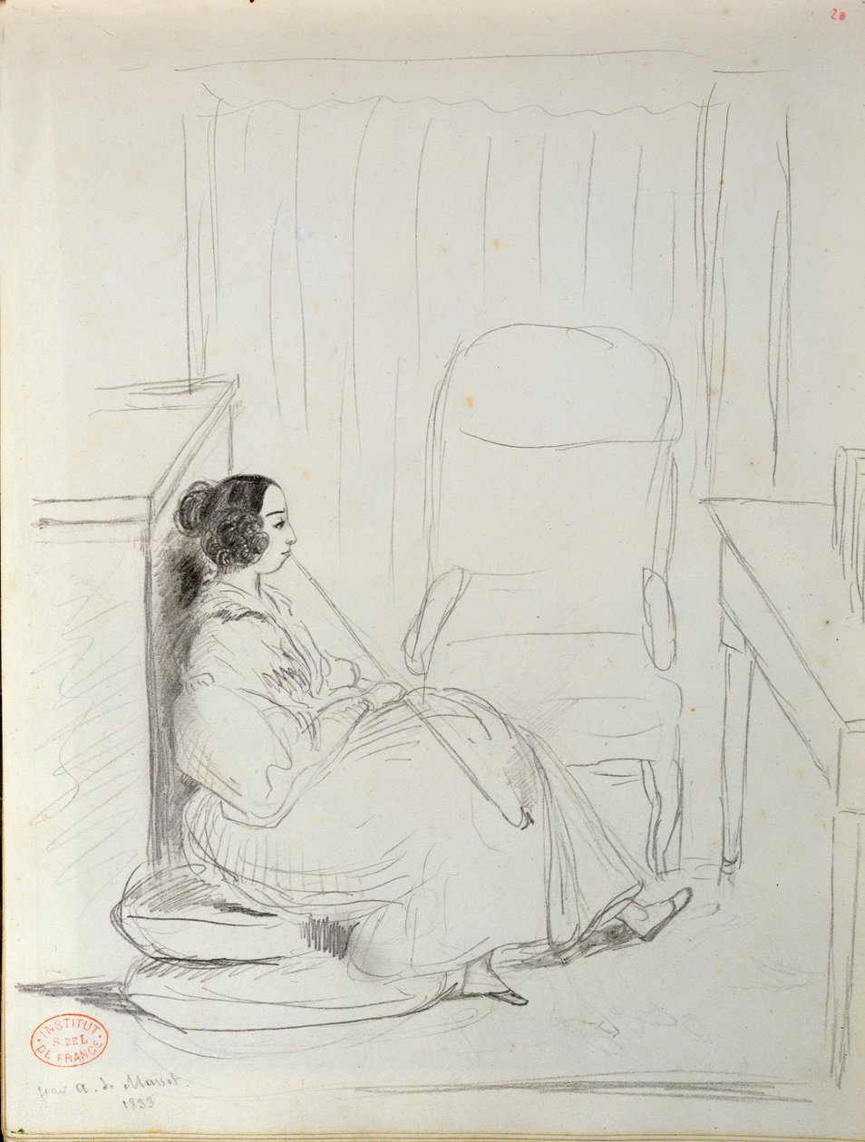 George Sand (1804-76) ül és pipázik, 1833 alkotó: Alfred de Musset